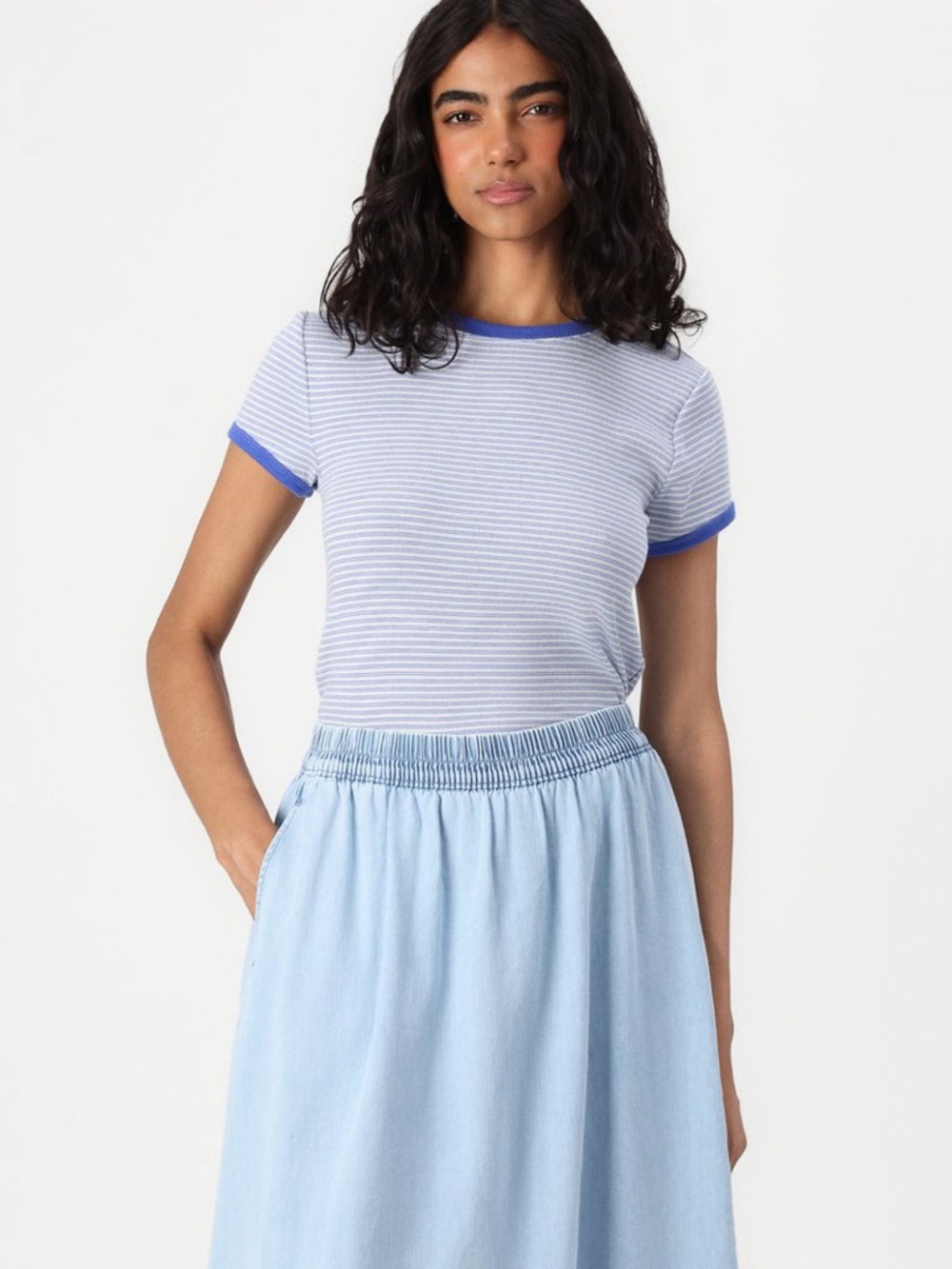 Light Blue Denim Midi Skirt - Elastic Waist - Picture 5 of 6